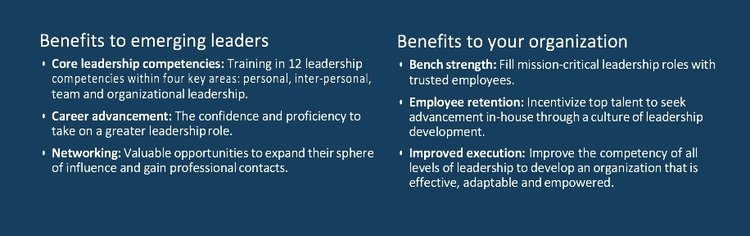 Benefits to emerging leaders, training in 12 leadership competencies, career advancement, and networking. 
